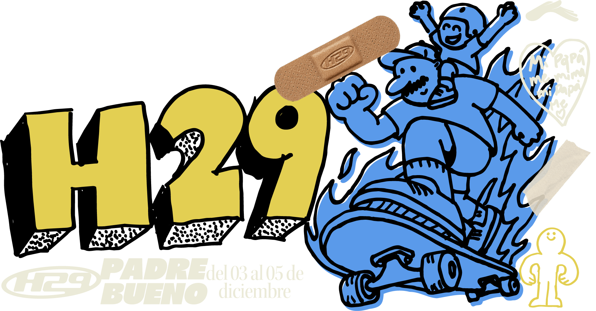 H29 Padre Bueno, del 03 al 05 de diciembre. Ilustración de un padre y su hijo en patineta.